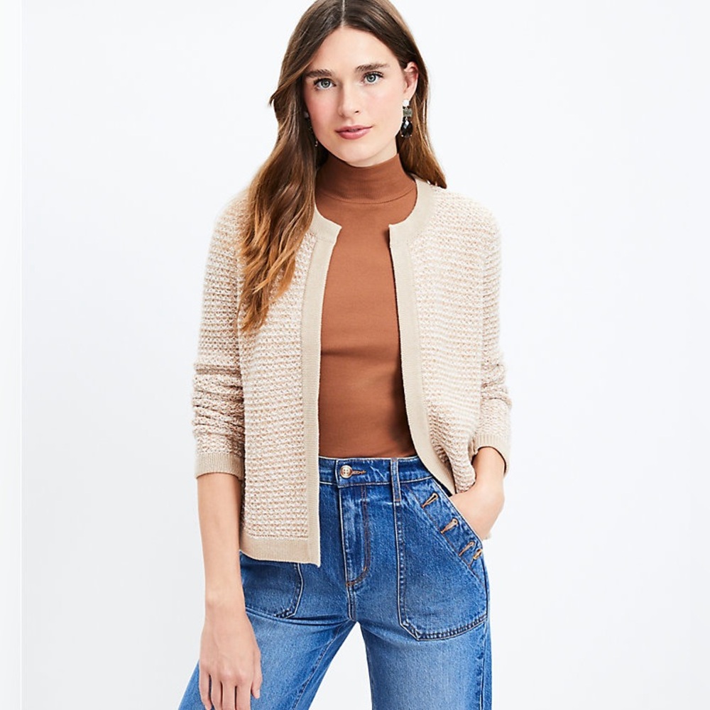 Textured Tweed Open Sweater Knit Jacket Neutral Cream Beige Tan LOFT Size Small - Picture 2 of 13